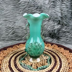 Stevens & Williams Teal Green Flower Ruffled Edge Handblown Glass Bud Vase